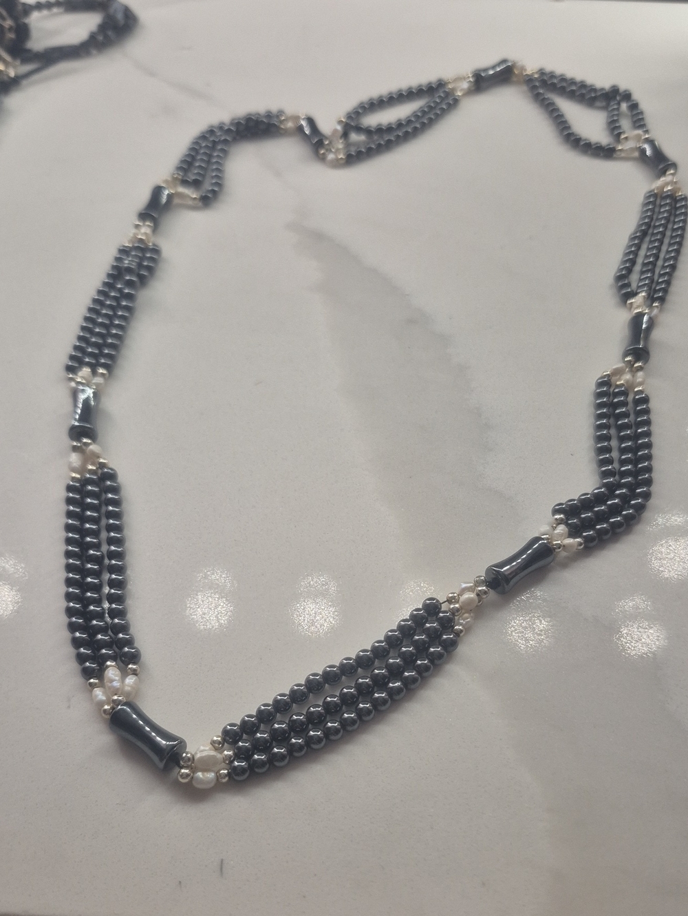Antique Hematite and Pearl Multi-Strand Necklace - Black & White Accents